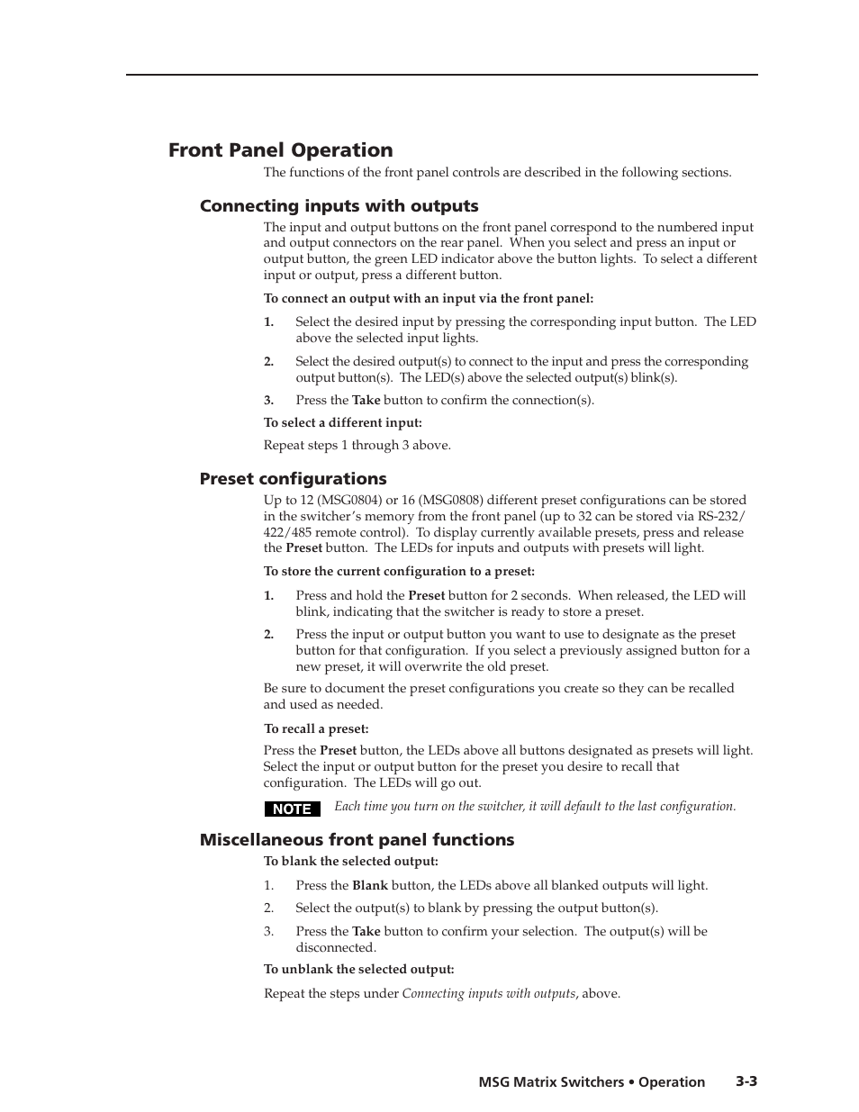 Front panel operation | Extron Electronics MSG0808 User Manual | Page 21 / 54