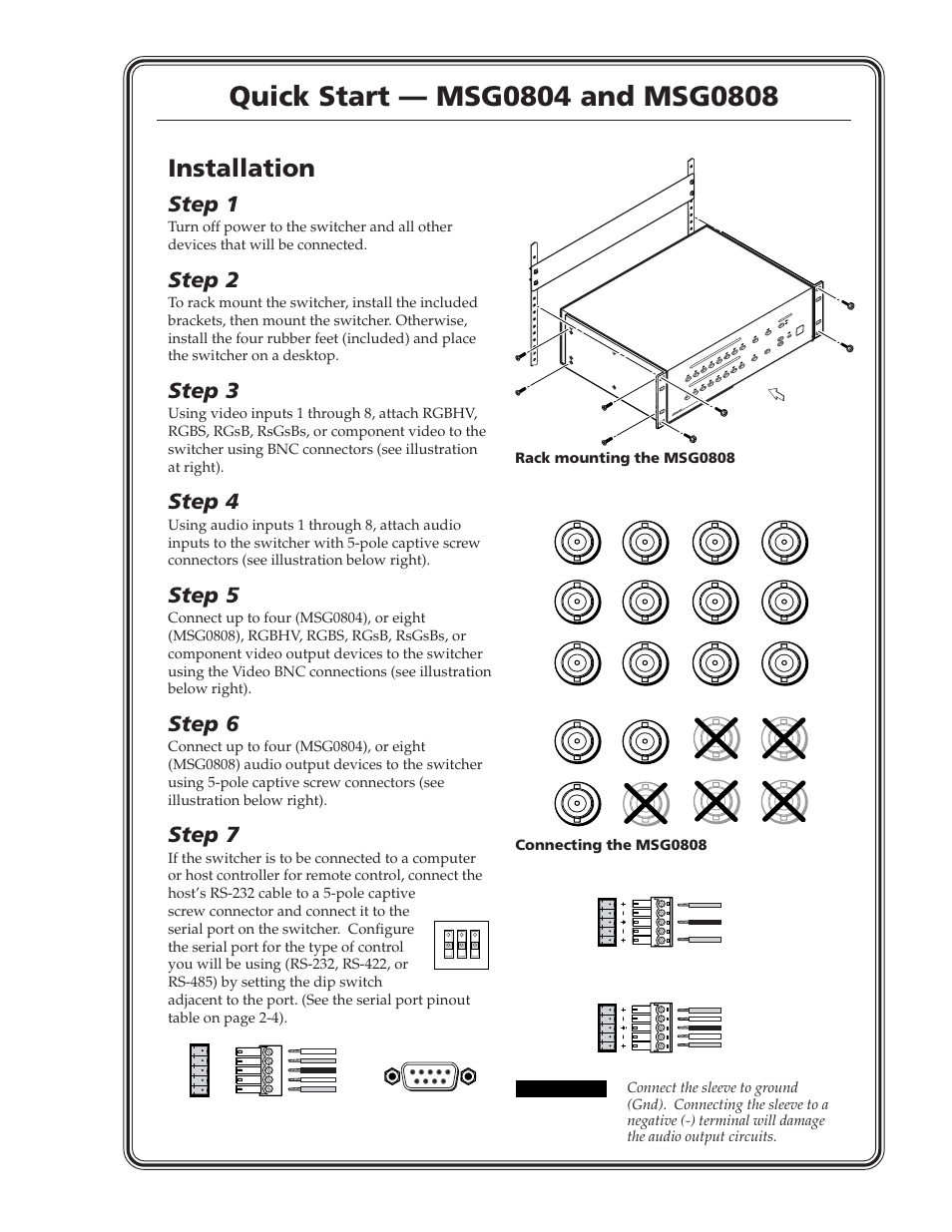 Installation, Step 1, Step 2 | Step 3, Step 4, Step 5, Step 6, Step 7 | Extron Electronics MSG0808 User Manual | Page 3 / 54