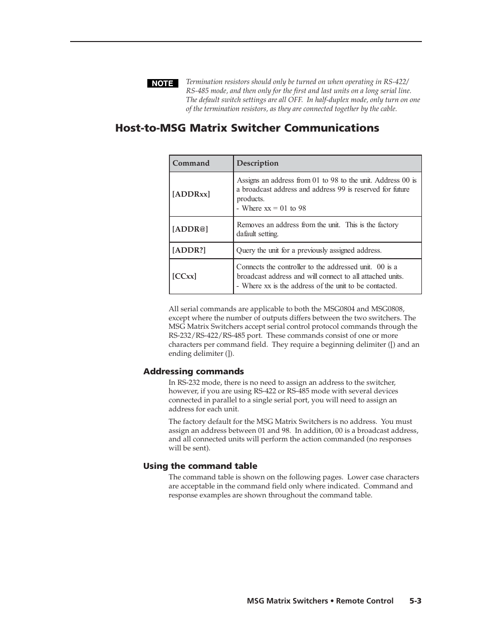 Host-to-msg matrix switcher communications | Extron Electronics MSG0808 User Manual | Page 33 / 54