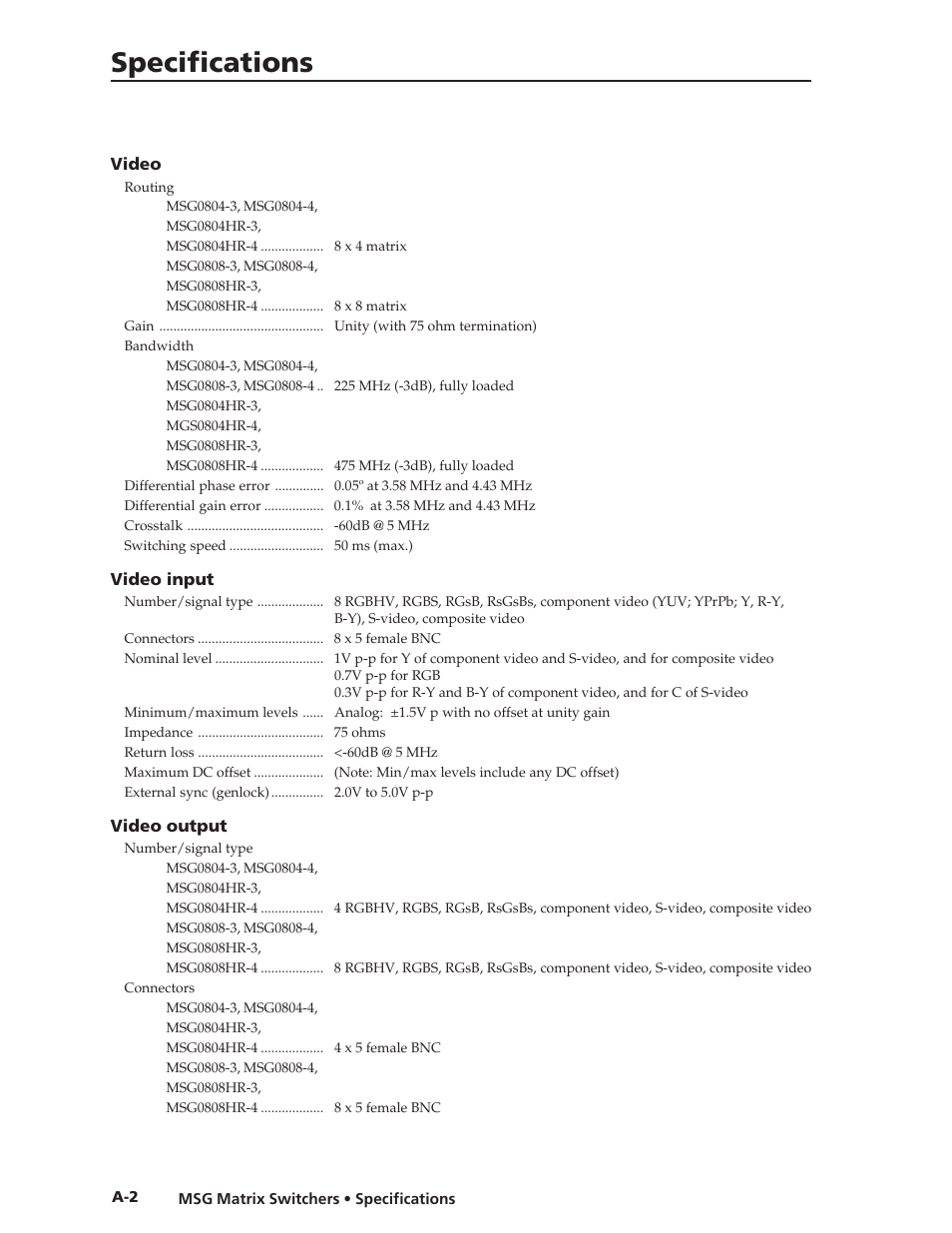 Specifications | Extron Electronics MSG0808 User Manual | Page 44 / 54