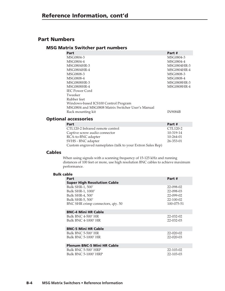 Reference information, cont’d, Part numbers, Msg matrix switcher part numbers | Optional accessories, Cables | Extron Electronics MSG0808 User Manual | Page 50 / 54