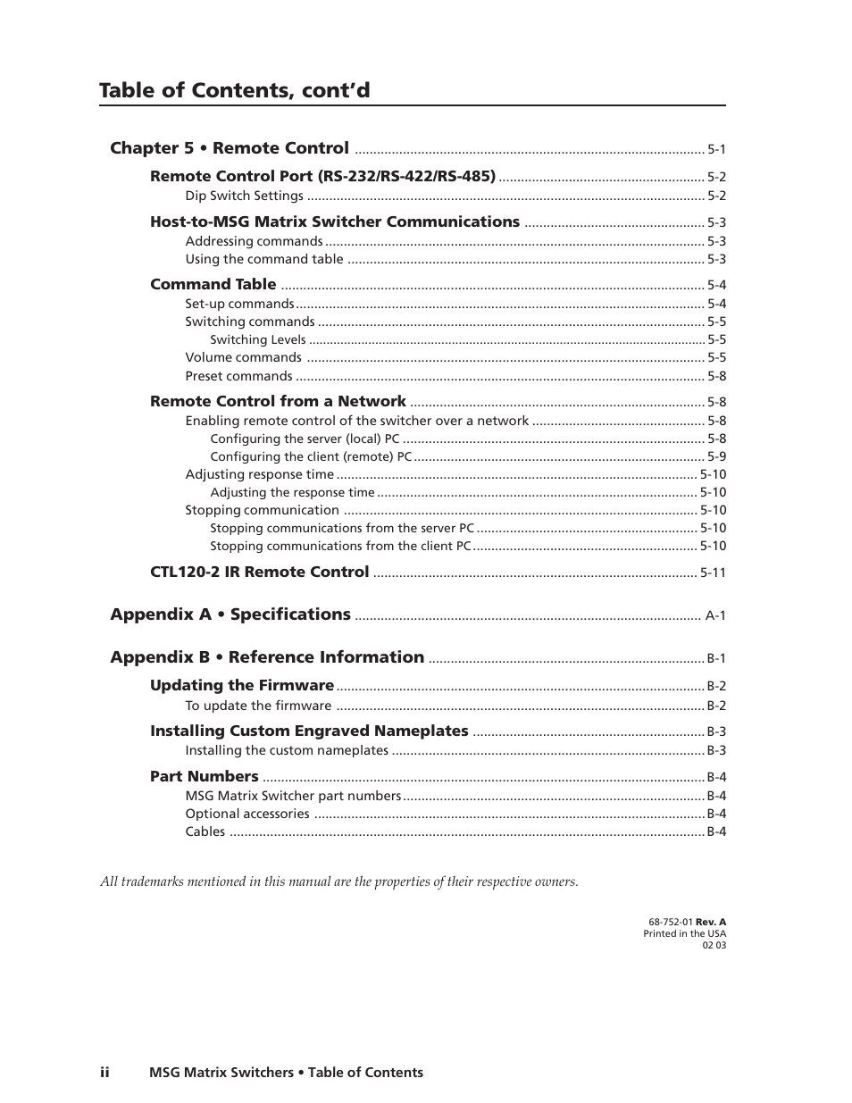 Table of contents, cont’d | Extron Electronics MSG0808 User Manual | Page 6 / 54