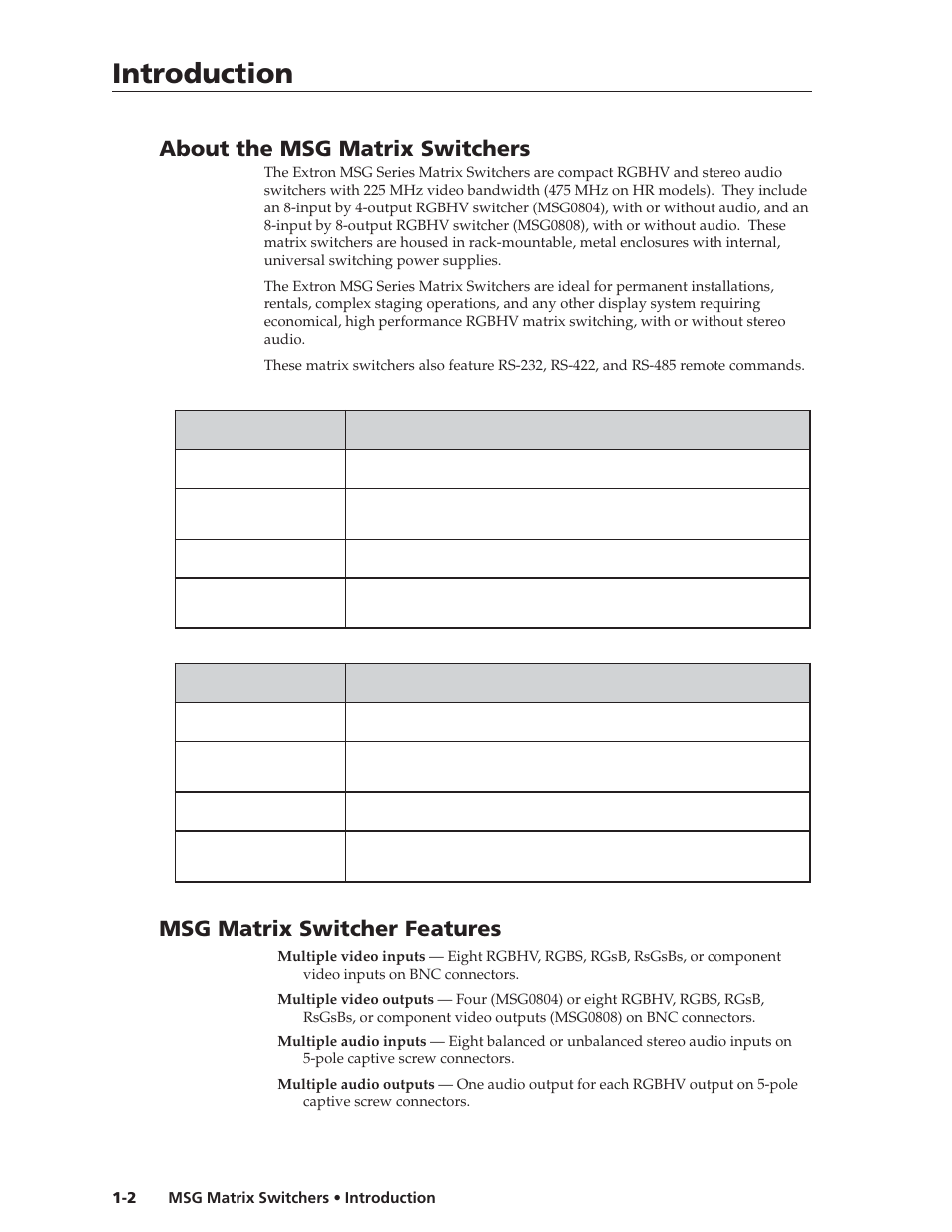 Introduction, About the msg matrix switchers, Msg matrix switcher features | Extron Electronics MSG0808 User Manual | Page 8 / 54