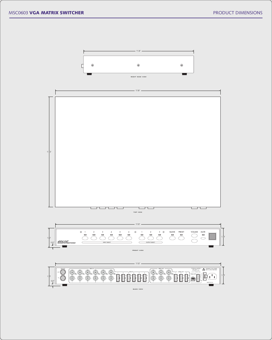 Product dimensions msc0603 vga matrix switcher | Extron Electronics MSG0603 User Manual | Page 23 / 24