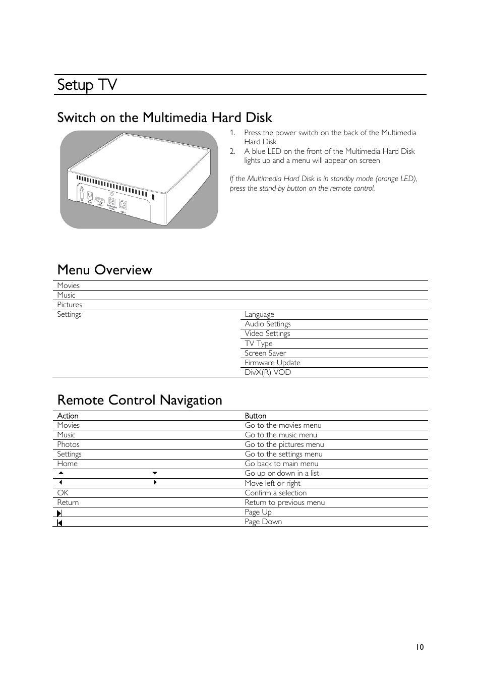 Setup tv, Switch on the multimedia hard disk, Menu overview | Remote control navigation | Philips SPE9010CC User Manual | Page 10 / 23