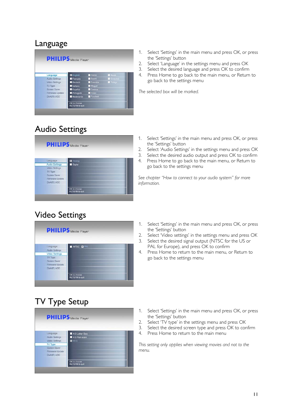 Language, Audio settings, Video settings | Tv type setup | Philips SPE9010CC User Manual | Page 11 / 23