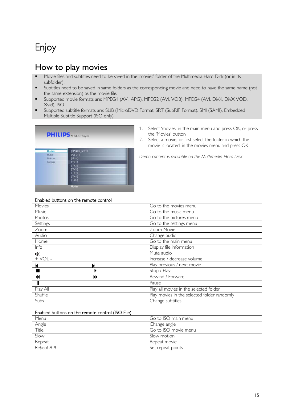 Enjoy, How to play movies | Philips SPE9010CC User Manual | Page 15 / 23
