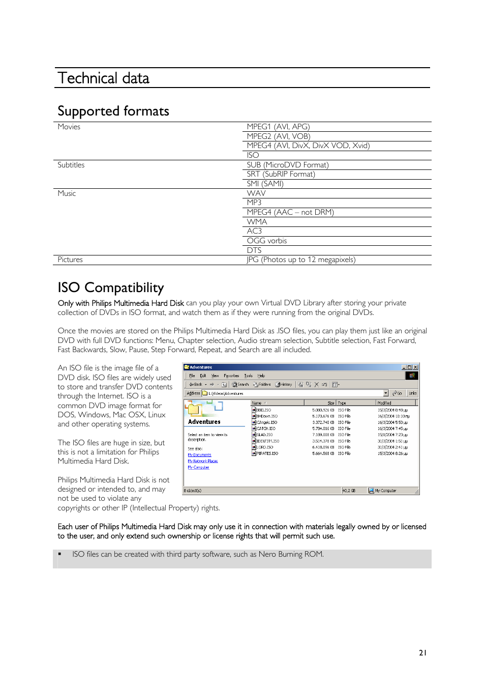 Technical data, Supported formats, Iso compatibility | Philips SPE9010CC User Manual | Page 21 / 23