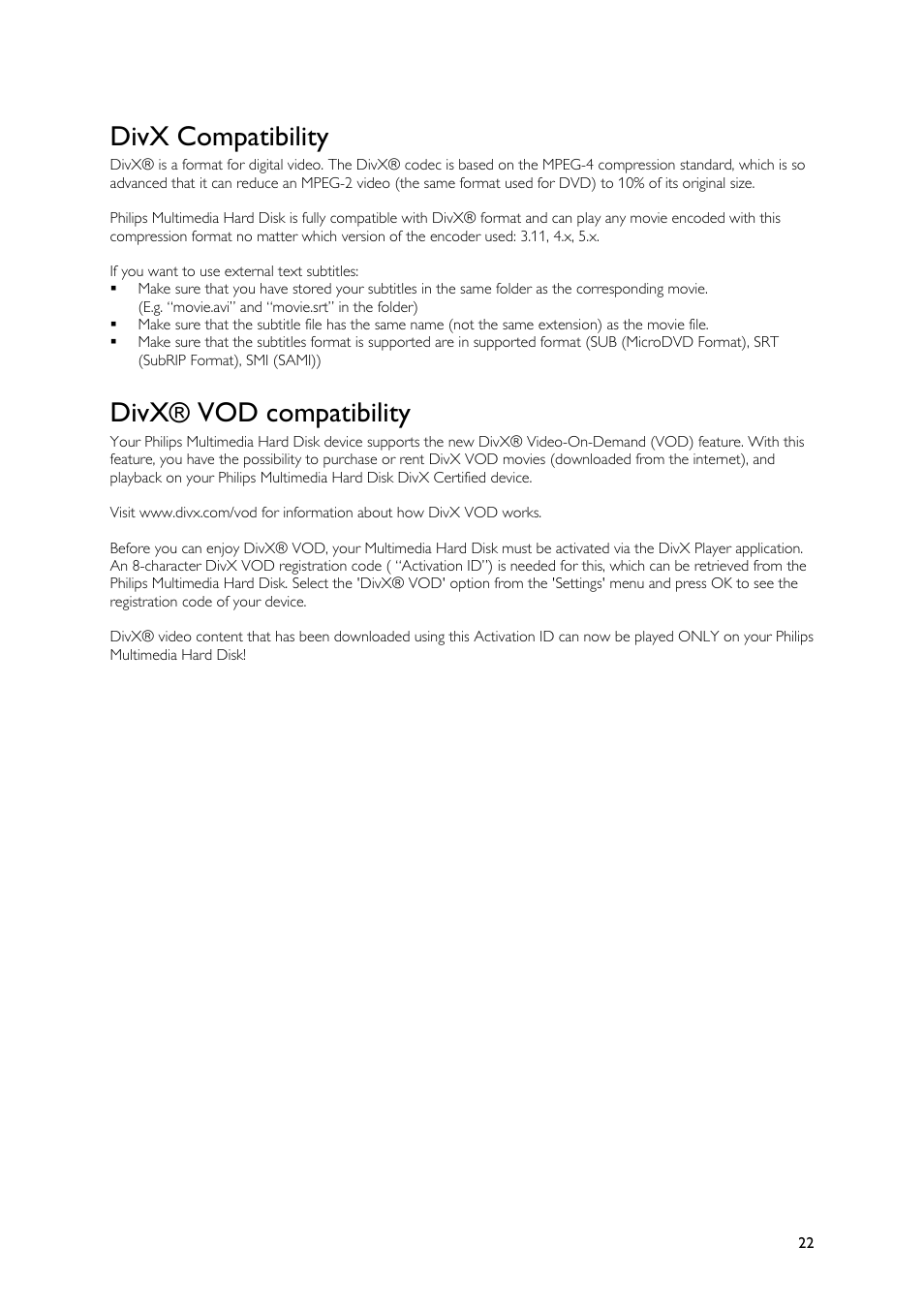 Divx compatibility, Divx® vod compatibility | Philips SPE9010CC User Manual | Page 22 / 23