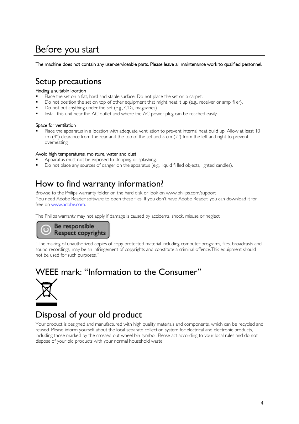 Before you start, Setup precautions, How to find warranty information | Weee mark: “information to the consumer, Disposal of your old product | Philips SPE9010CC User Manual | Page 4 / 23
