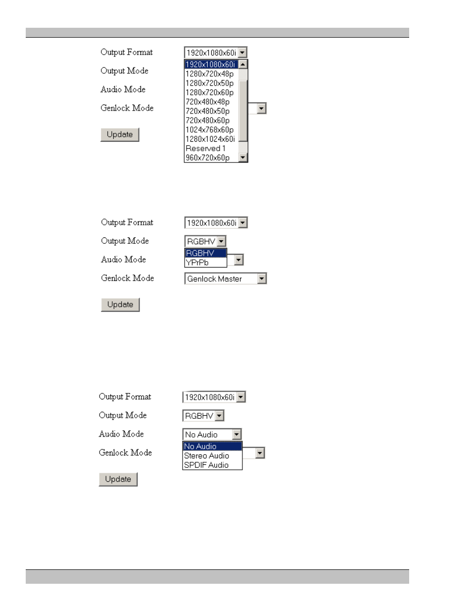 Output mode, Audio mode, Genlock mode | Extron Electronics MS9200P User Manual | Page 26 / 124