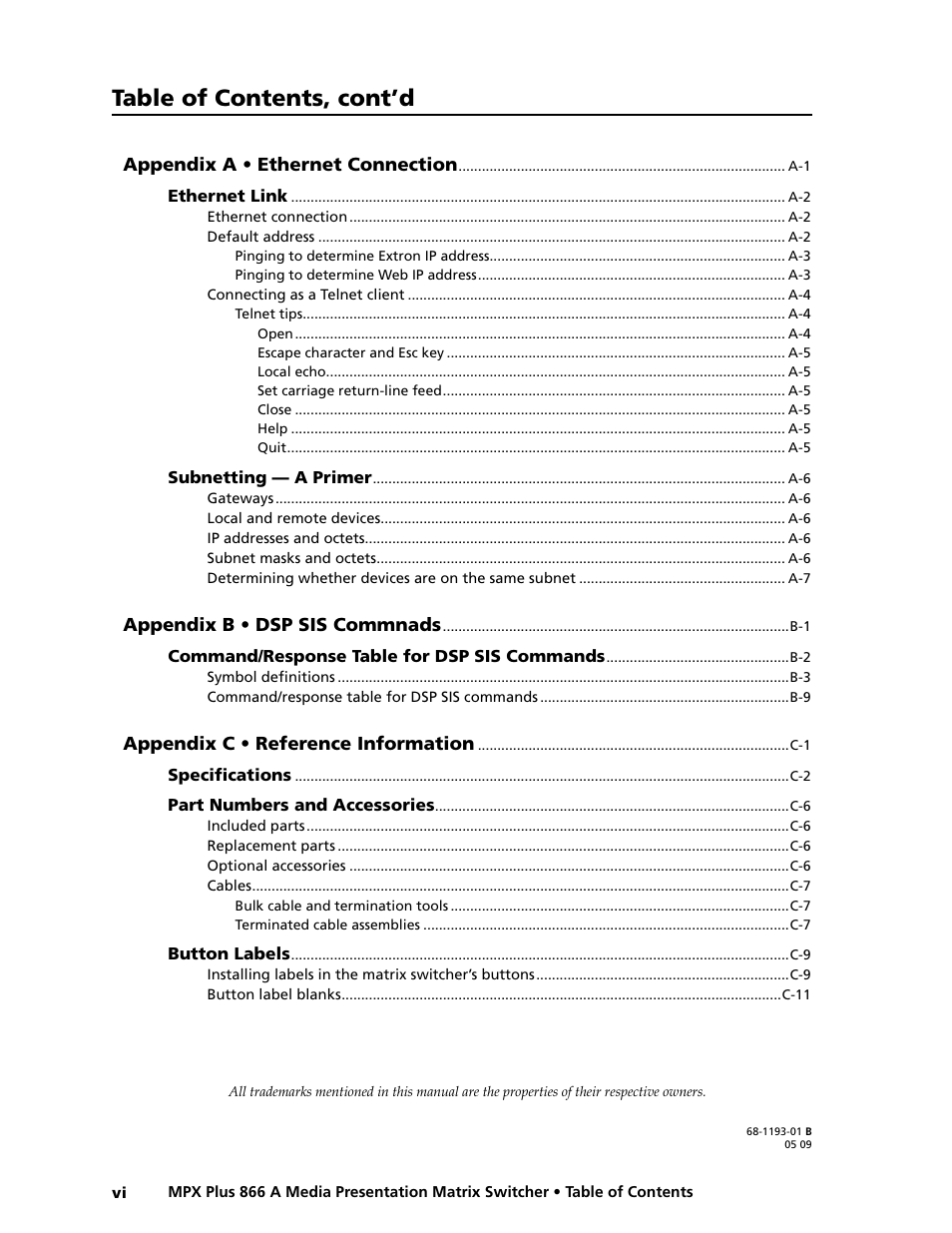 Preliminar y, Table of contents, cont’d | Extron Electronics MPX Plus 866 A Rev. B User Manual | Page 10 / 222