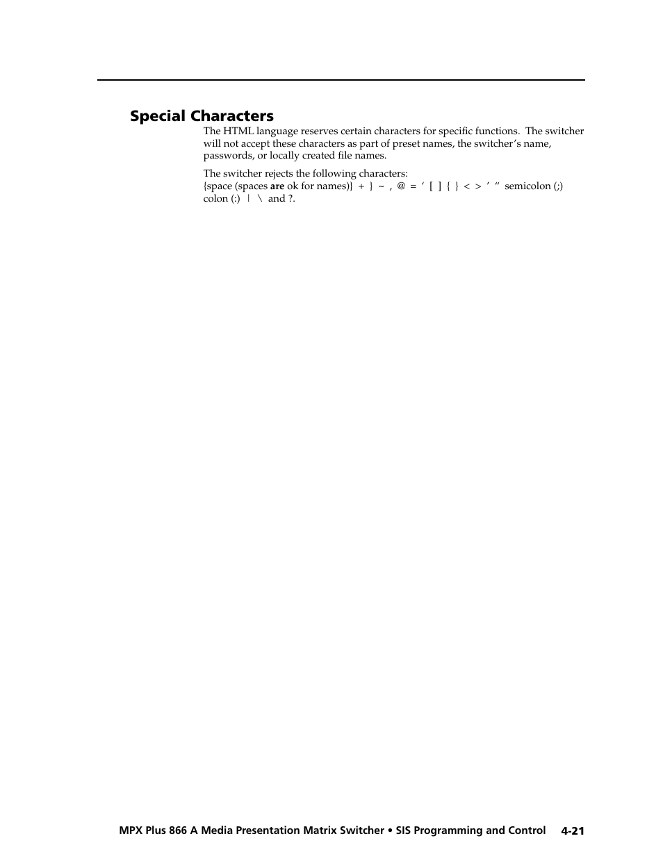 Special characters, Preliminar y | Extron Electronics MPX Plus 866 A Rev. B User Manual | Page 105 / 222