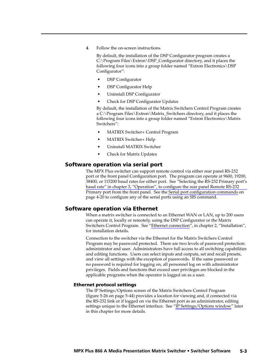 Software operation via serial port, Software operation via ethernet, Ethernet protocol settings | Ethernet protocol settings -3, Preliminar y | Extron Electronics MPX Plus 866 A Rev. B User Manual | Page 109 / 222