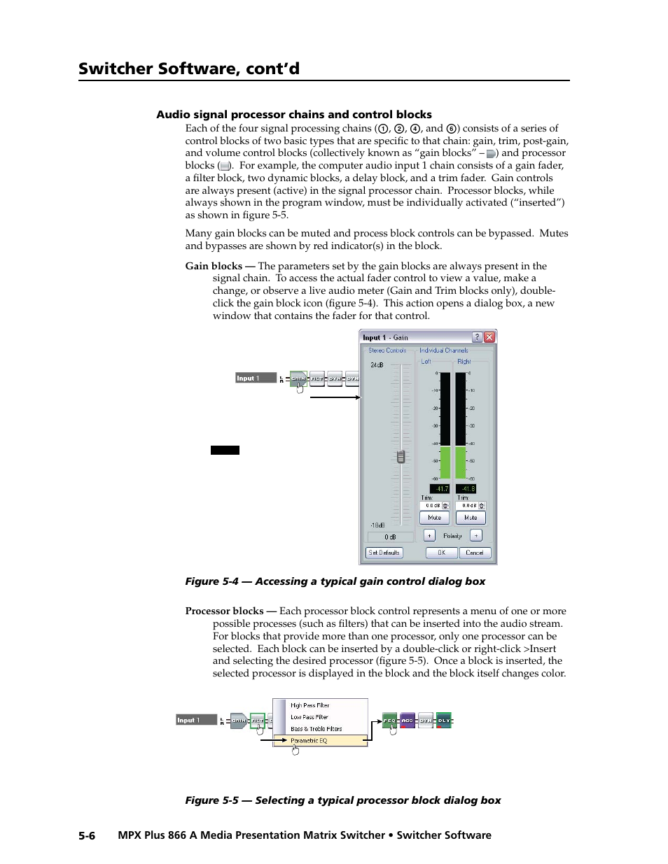 Audio signal processor chains and control blocks, Preliminar y, Switcher software, cont’d | Extron Electronics MPX Plus 866 A Rev. B User Manual | Page 112 / 222