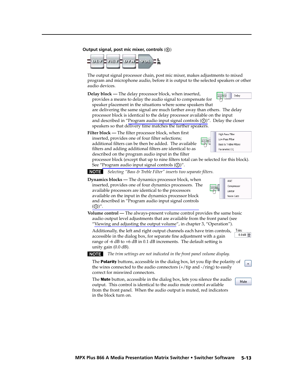 Output signal, post mic mixer, controls (f), Output signal, post mic mixer, controls, Output signal processor chain | Preliminar y | Extron Electronics MPX Plus 866 A Rev. B User Manual | Page 119 / 222