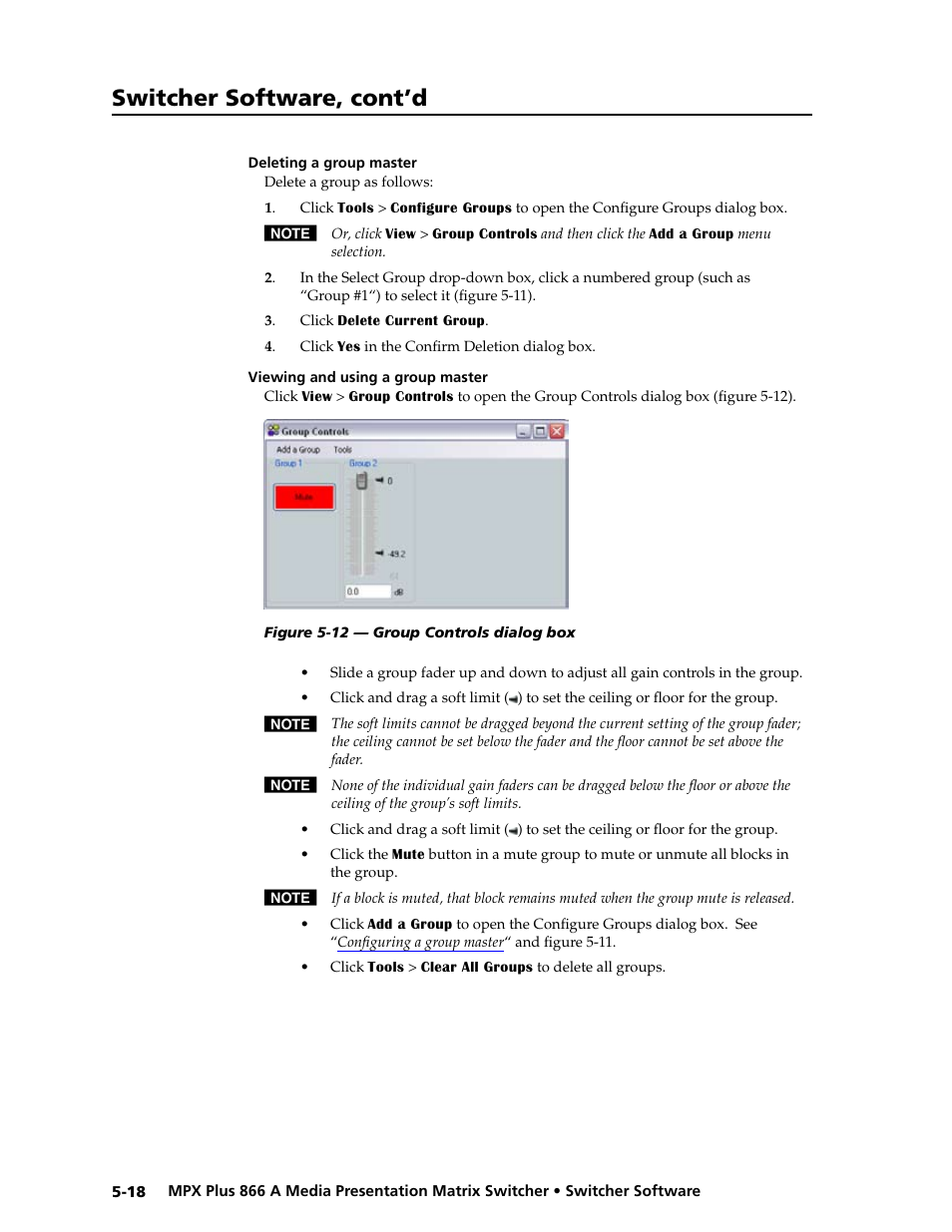 Deleting a group master, Viewing and using a group master, Preliminar y | Switcher software, cont’d | Extron Electronics MPX Plus 866 A Rev. B User Manual | Page 124 / 222