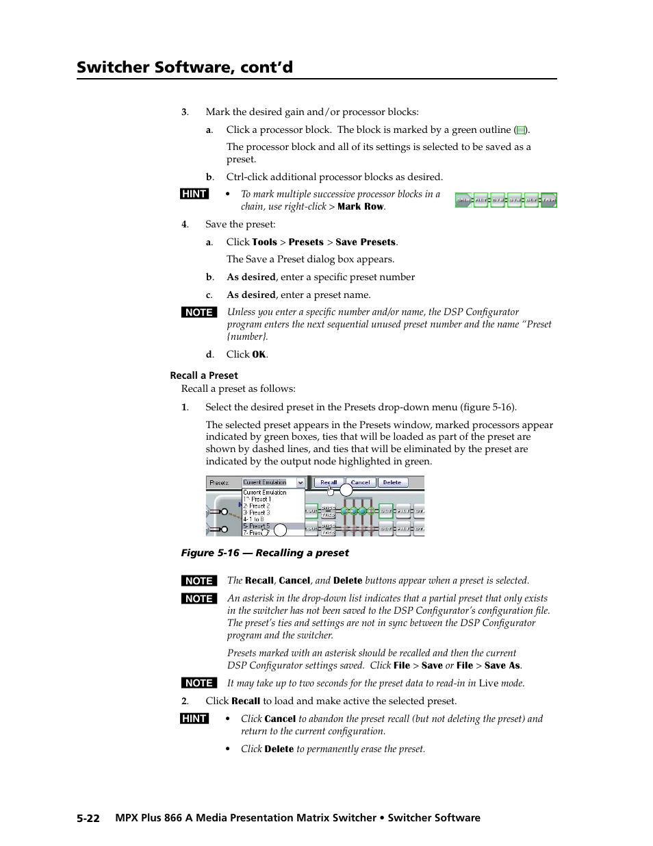 Recall a preset, Recall a preset -22, Preliminar y | Switcher software, cont’d | Extron Electronics MPX Plus 866 A Rev. B User Manual | Page 128 / 222