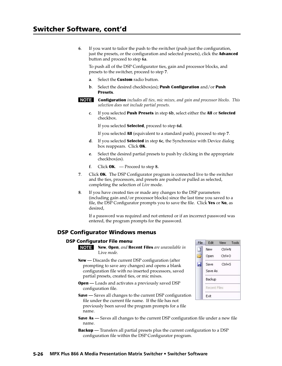 Dsp configurator windows menus, Dsp configurator file menu, Dsp configurator windows menus -26 | Dsp configurator file menu -26, Preliminar y, Switcher software, cont’d | Extron Electronics MPX Plus 866 A Rev. B User Manual | Page 132 / 222