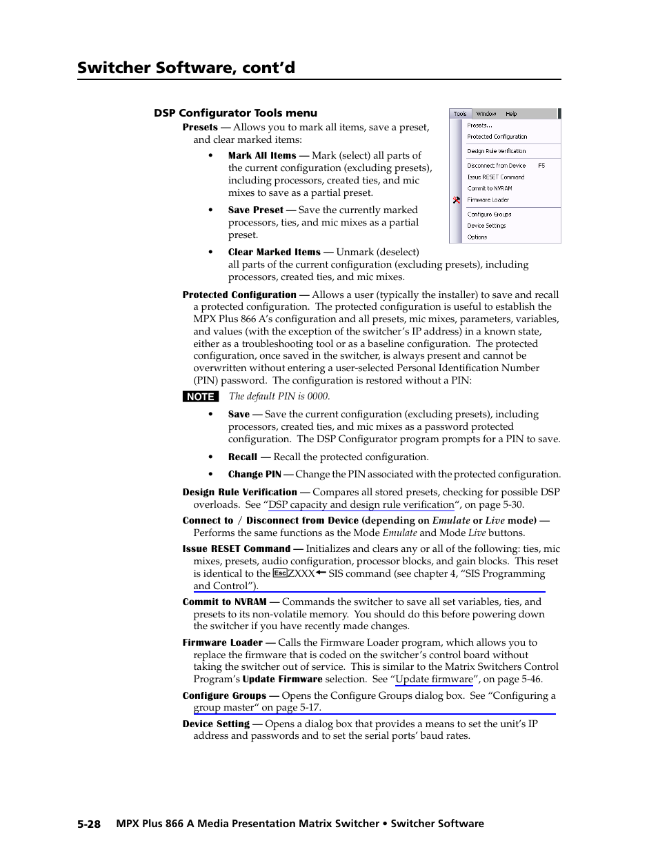 Dsp configurator tools menu, Dsp configurator tools menu -28, Preliminar y | Switcher software, cont’d | Extron Electronics MPX Plus 866 A Rev. B User Manual | Page 134 / 222