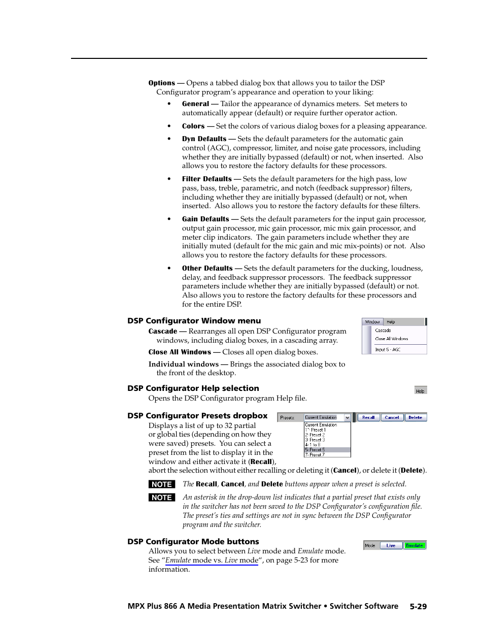 Dsp configurator window menu, Dsp configurator help selection, Dsp configurator presets dropbox | Dsp configurator mode buttons, Preliminar y | Extron Electronics MPX Plus 866 A Rev. B User Manual | Page 135 / 222