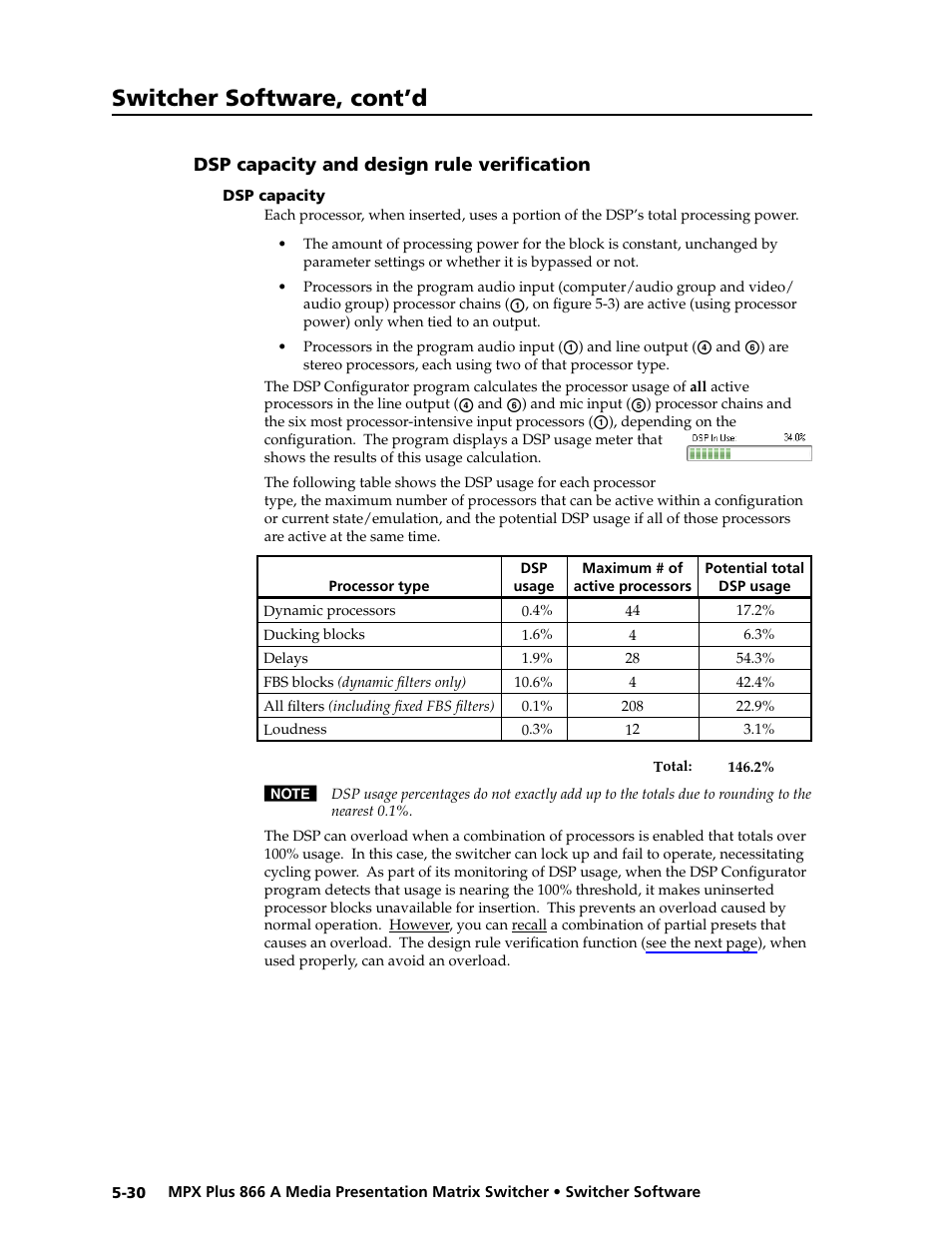 Dsp capacity and design rule verification, Dsp capacity, Dsp capacity and design rule verification -30 | Dsp capacity -30, Dsp usage meter, Preliminar y, Switcher software, cont’d | Extron Electronics MPX Plus 866 A Rev. B User Manual | Page 136 / 222