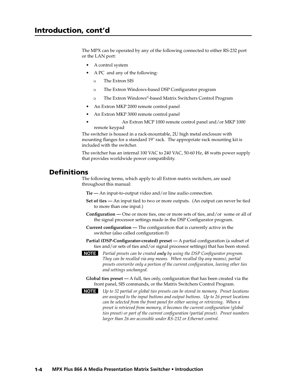 Definitions, Preliminar y, Introduction, cont’d | Extron Electronics MPX Plus 866 A Rev. B User Manual | Page 14 / 222