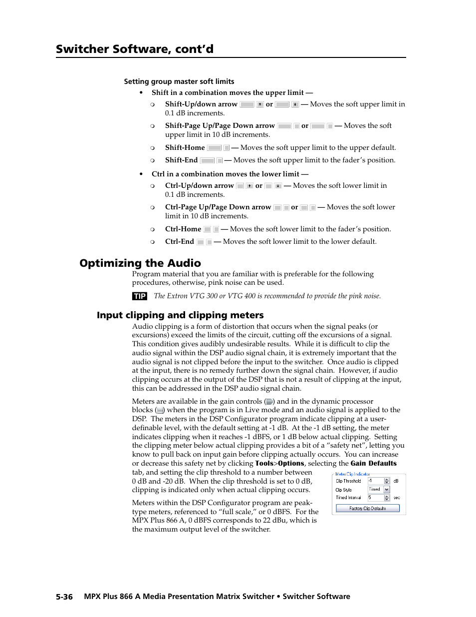 Setting group master soft limits, Optimizing the audio, Input clipping and clipping meters | Setting group master soft limits -36, Input clipping and clipping meters -36, The audio“, later in this chapter, Preliminar y, Switcher software, cont’d | Extron Electronics MPX Plus 866 A Rev. B User Manual | Page 142 / 222