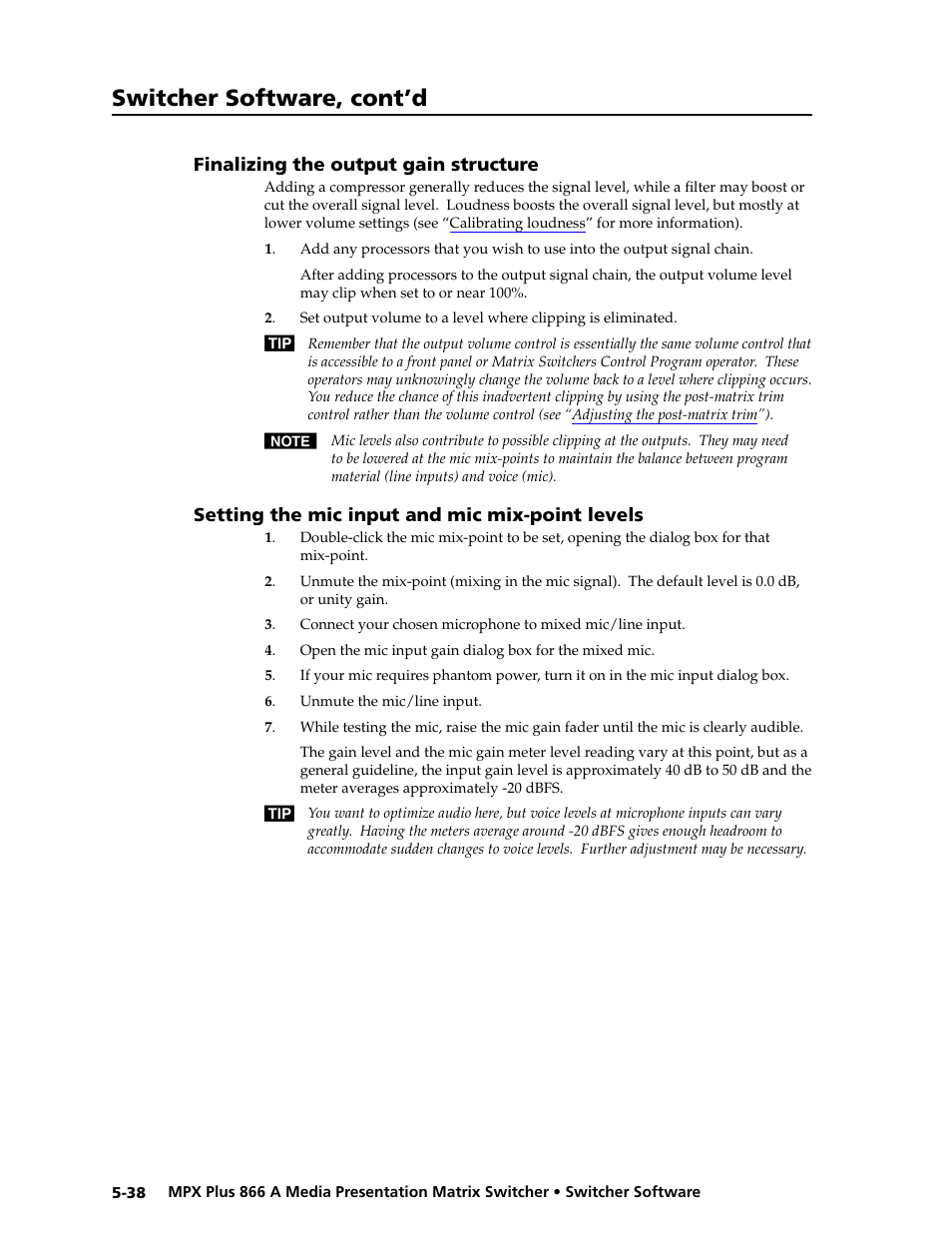 Finalizing the output gain structure, Setting the mic input and mic mix-point levels, Preliminar y | Switcher software, cont’d | Extron Electronics MPX Plus 866 A Rev. B User Manual | Page 144 / 222