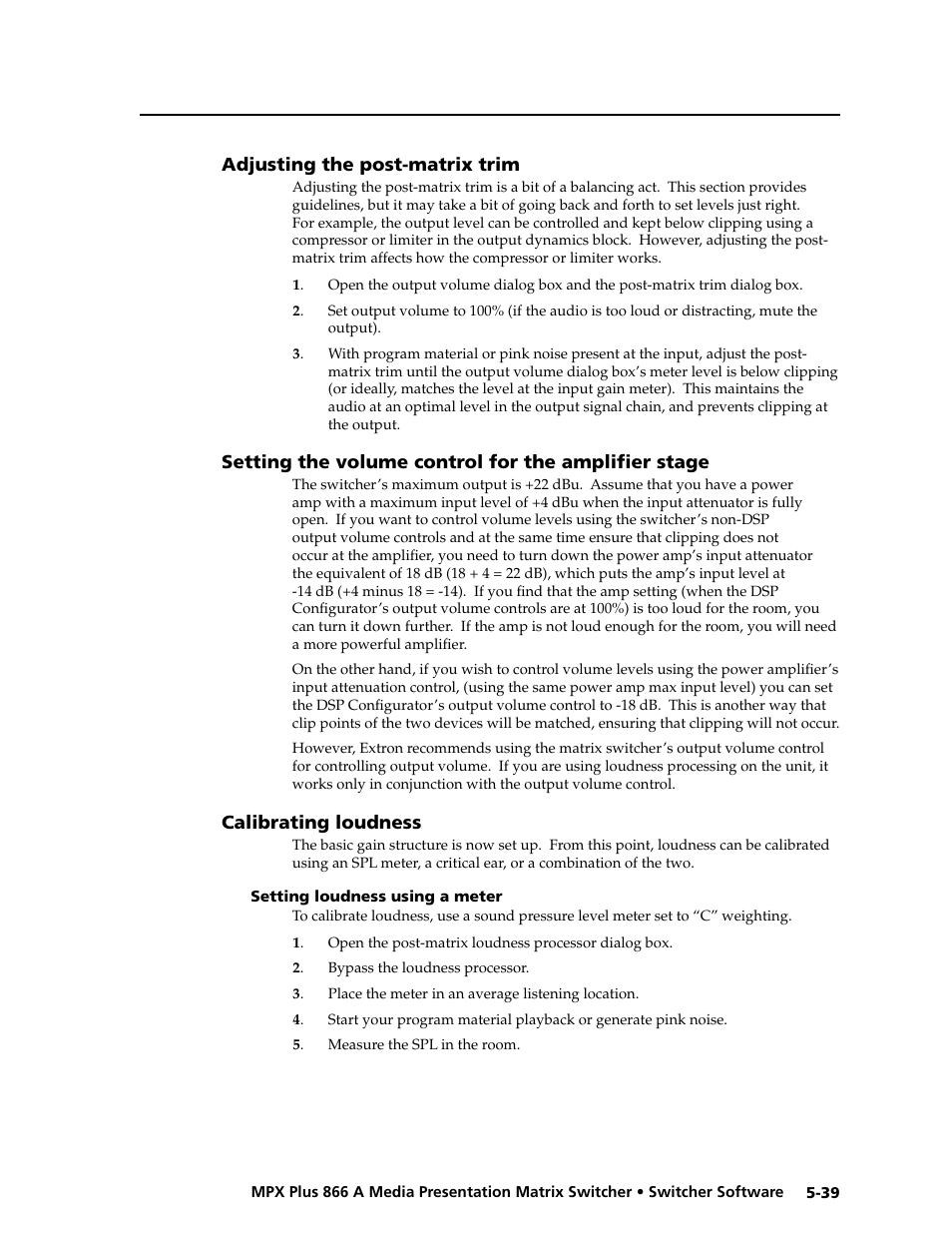 Adjusting the post-matrix trim, Setting the volume control for the amplifier stage, Calibrating loudness | Setting loudness using a meter, Setting loudness using a meter -39, Preliminar y | Extron Electronics MPX Plus 866 A Rev. B User Manual | Page 145 / 222