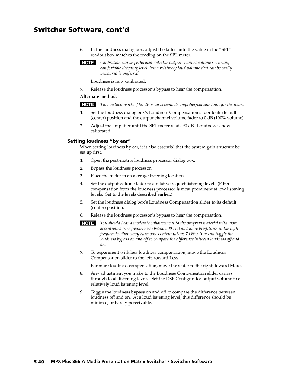 Setting loudness “by ear, Setting loudness “by ear” -40, Preliminar y | Switcher software, cont’d | Extron Electronics MPX Plus 866 A Rev. B User Manual | Page 146 / 222