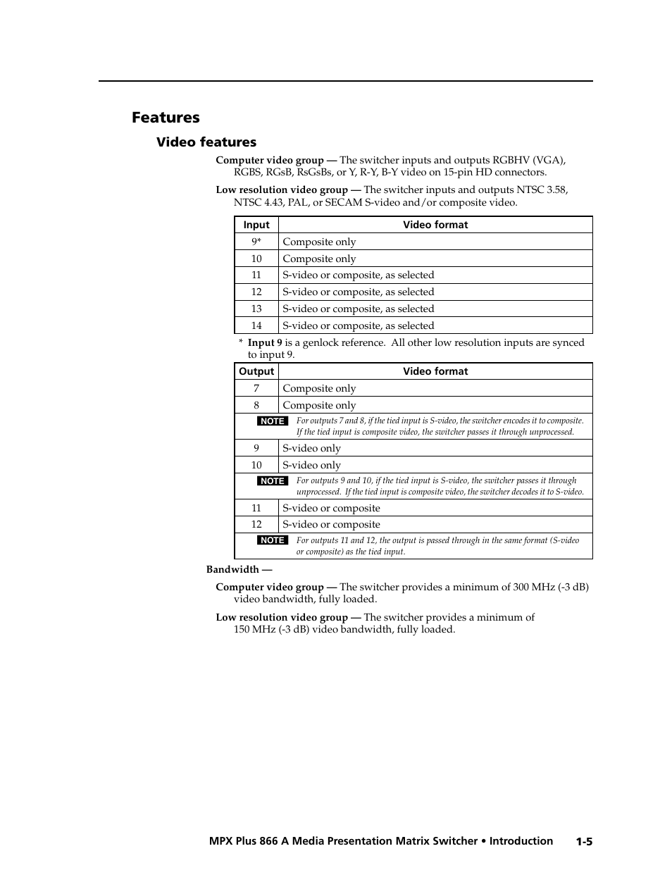 Features, Video features, Video features -5 | Preliminar y | Extron Electronics MPX Plus 866 A Rev. B User Manual | Page 15 / 222