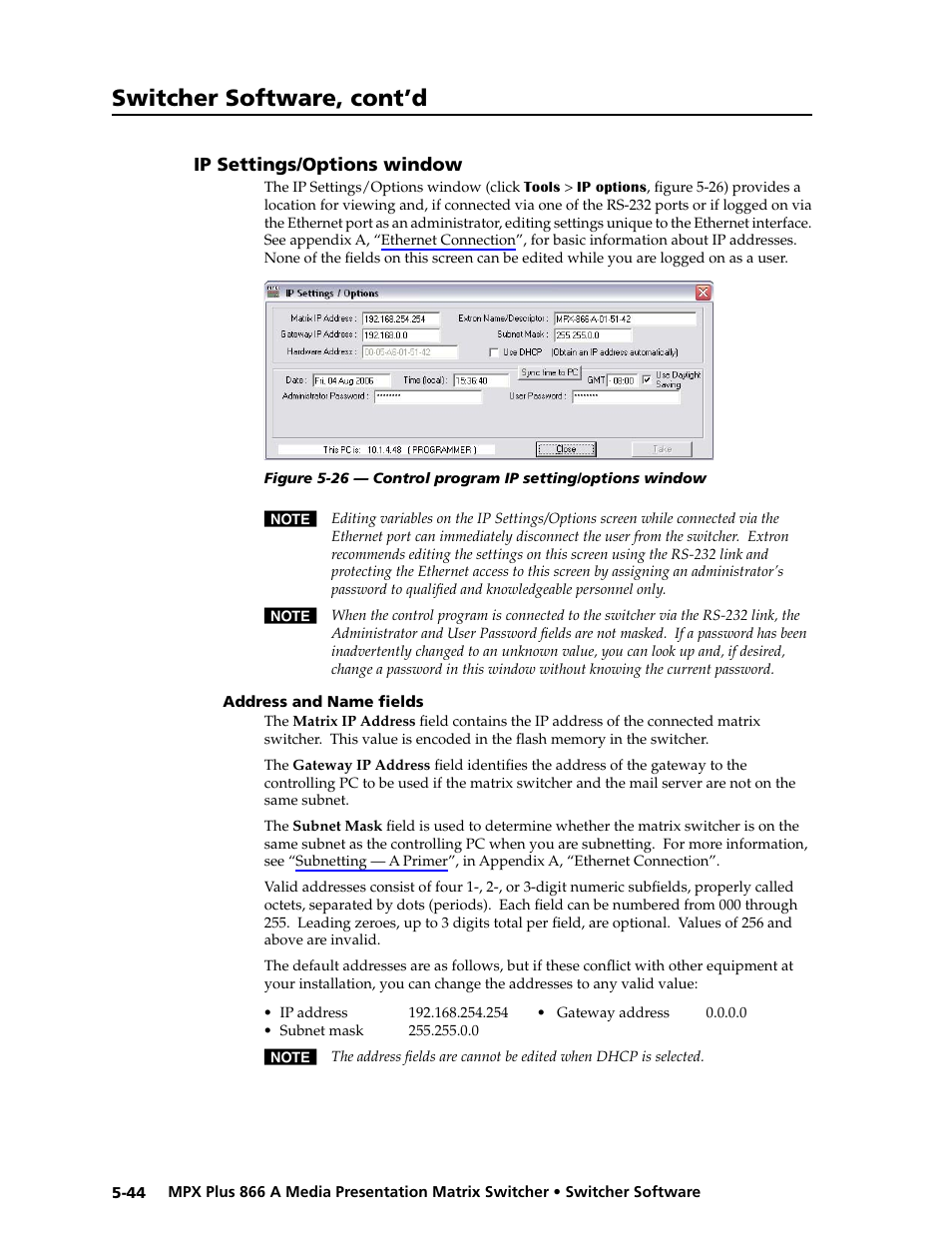 Ip settings/options window, Address and name fields, Ip settings/options window -44 | Address and name fields -44, Preliminar y, Switcher software, cont’d | Extron Electronics MPX Plus 866 A Rev. B User Manual | Page 150 / 222
