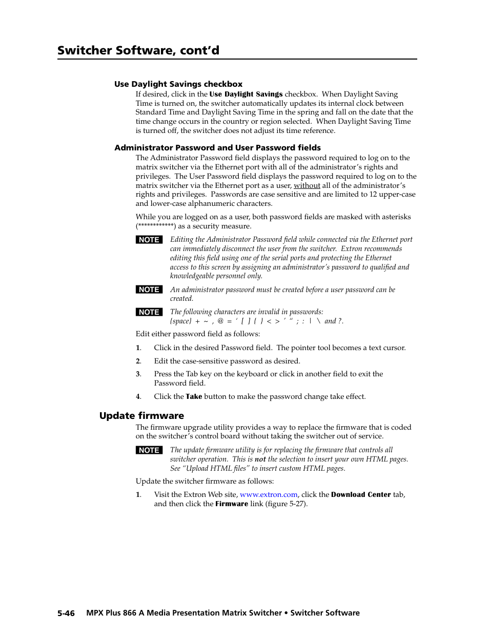 Use daylight savings checkbox, Administrator password and user password fields, Update firmware | Update firmware -46, Selection. see “update firmware, Preliminar y, Switcher software, cont’d | Extron Electronics MPX Plus 866 A Rev. B User Manual | Page 152 / 222