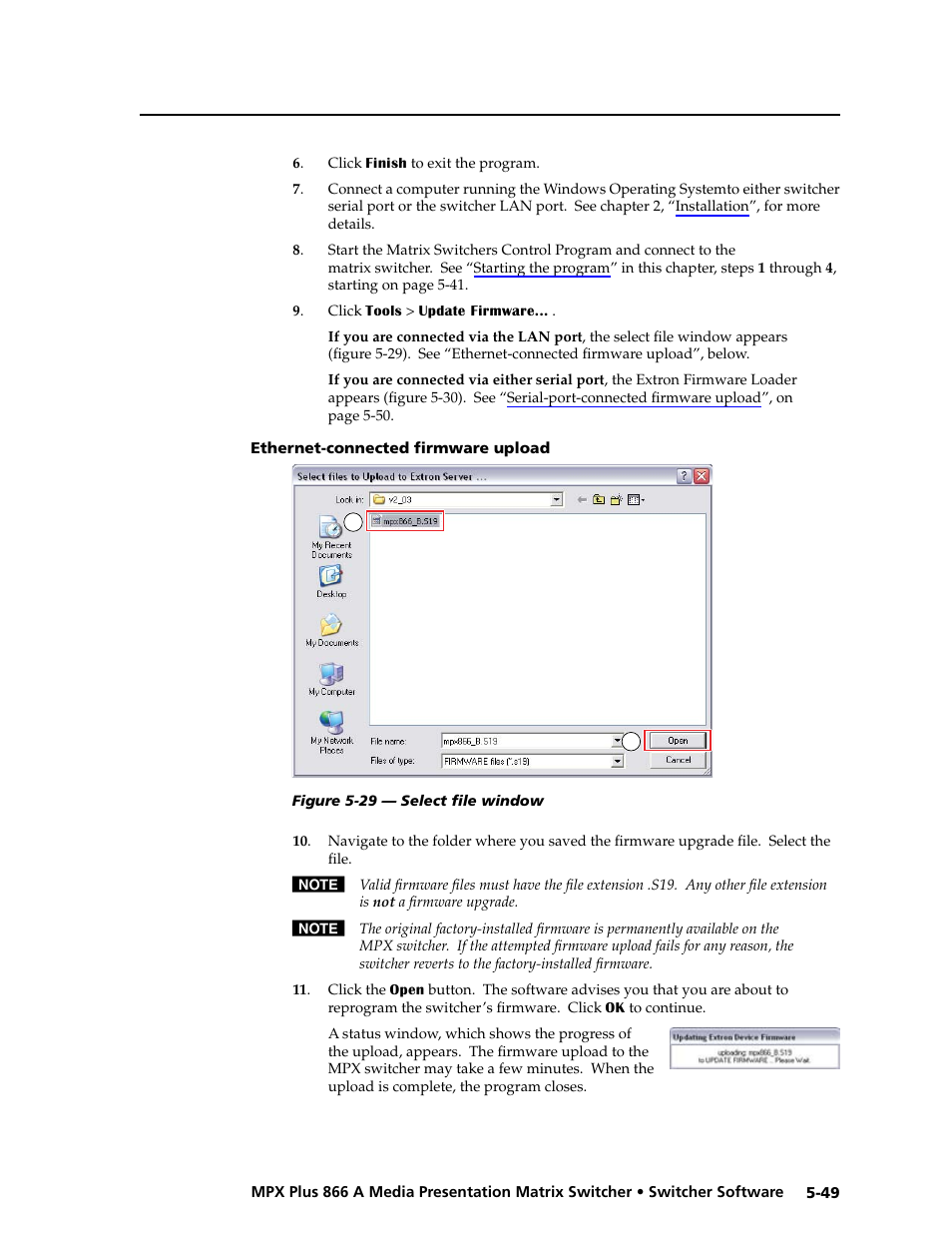 Ethernet-connected firmware upload, Ethernet-connected firmware upload -49, Preliminar y | Extron Electronics MPX Plus 866 A Rev. B User Manual | Page 155 / 222