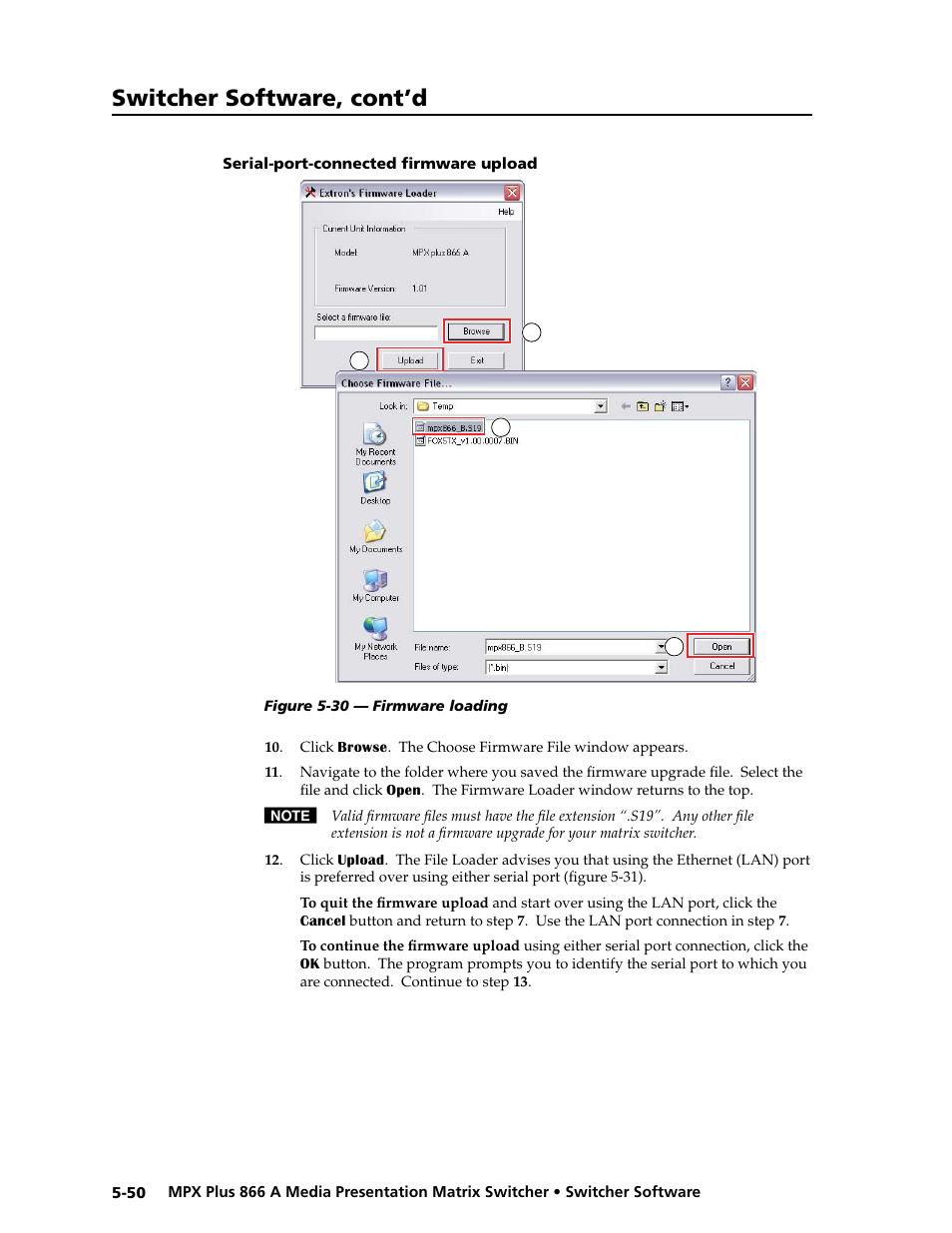 Serial-port-connected firmware upload, Serial-port-connected firmware upload -50, Preliminar y | Switcher software, cont’d | Extron Electronics MPX Plus 866 A Rev. B User Manual | Page 156 / 222
