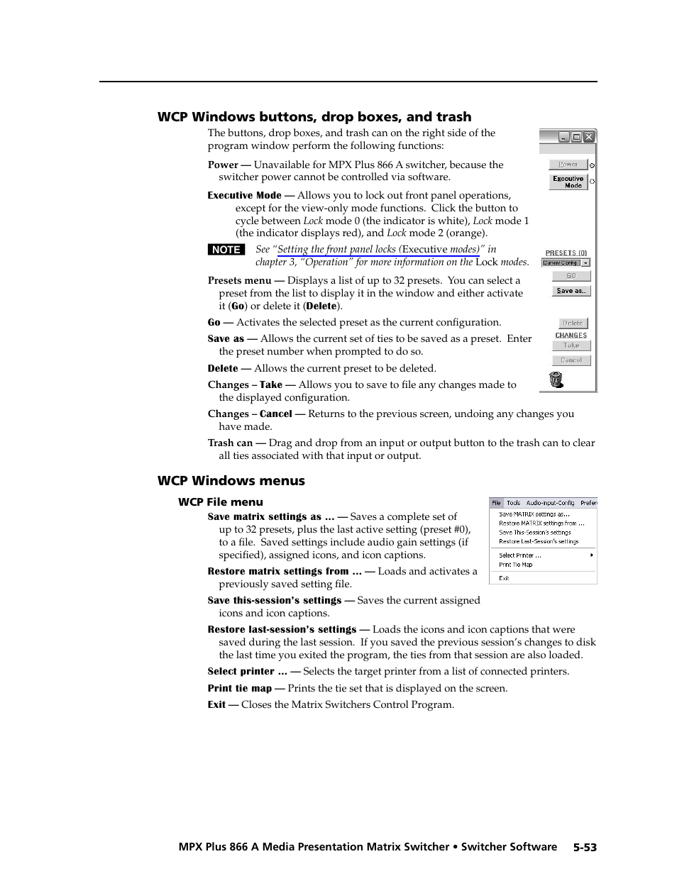 Wcp windows buttons, drop boxes, and trash, Wcp windows menus, Wcp file menu | Wcp windows buttons, drop boxes, and trash -53, Wcp windows menus -53, Wcp file menu -53, Preliminar y | Extron Electronics MPX Plus 866 A Rev. B User Manual | Page 159 / 222