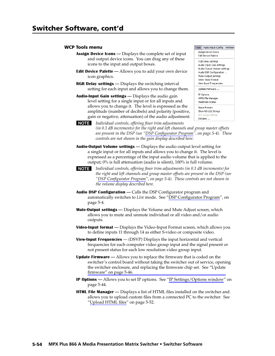 Wcp tools menu, Wcp tools menu -54, Preliminar y | Switcher software, cont’d | Extron Electronics MPX Plus 866 A Rev. B User Manual | Page 160 / 222