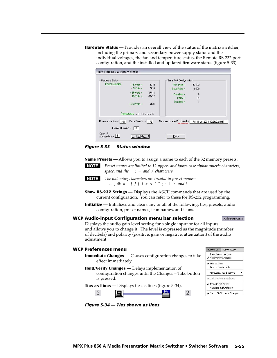 Wcp audio-input configuration menu bar selection, Wcp preferences menu, Preliminar y | Extron Electronics MPX Plus 866 A Rev. B User Manual | Page 161 / 222