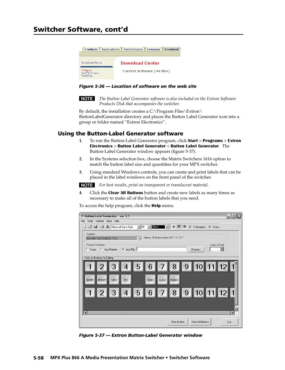 Using the button-label generator software, Using the button-label generator software -58, Preliminar y | Switcher software, cont’d | Extron Electronics MPX Plus 866 A Rev. B User Manual | Page 164 / 222