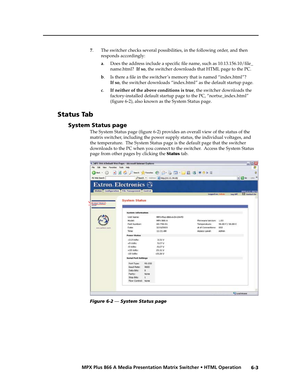 Status tab, Preliminar y | Extron Electronics MPX Plus 866 A Rev. B User Manual | Page 167 / 222