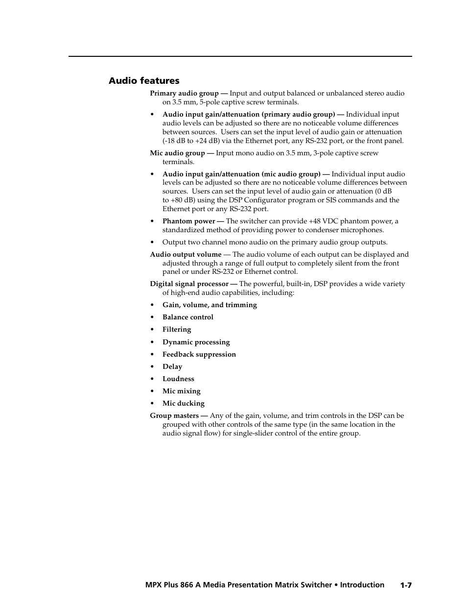 Audio features, Audio features -7, Preliminar y | Extron Electronics MPX Plus 866 A Rev. B User Manual | Page 17 / 222