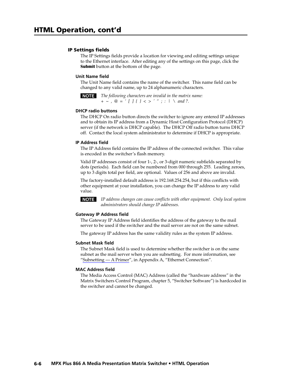 Ip settings fields, Unit name field, Dhcp radio buttons | Ip address field, Gateway ip address field, Subnet mask field, Mac address field, Ip settings fields -6, Preliminar y, Html operation, cont’d | Extron Electronics MPX Plus 866 A Rev. B User Manual | Page 170 / 222