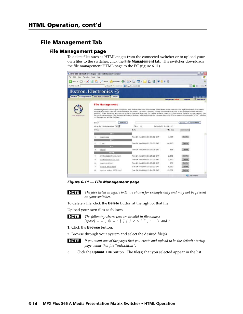 File management tab, Preliminar y, Html operation, cont’d | Extron Electronics MPX Plus 866 A Rev. B User Manual | Page 178 / 222