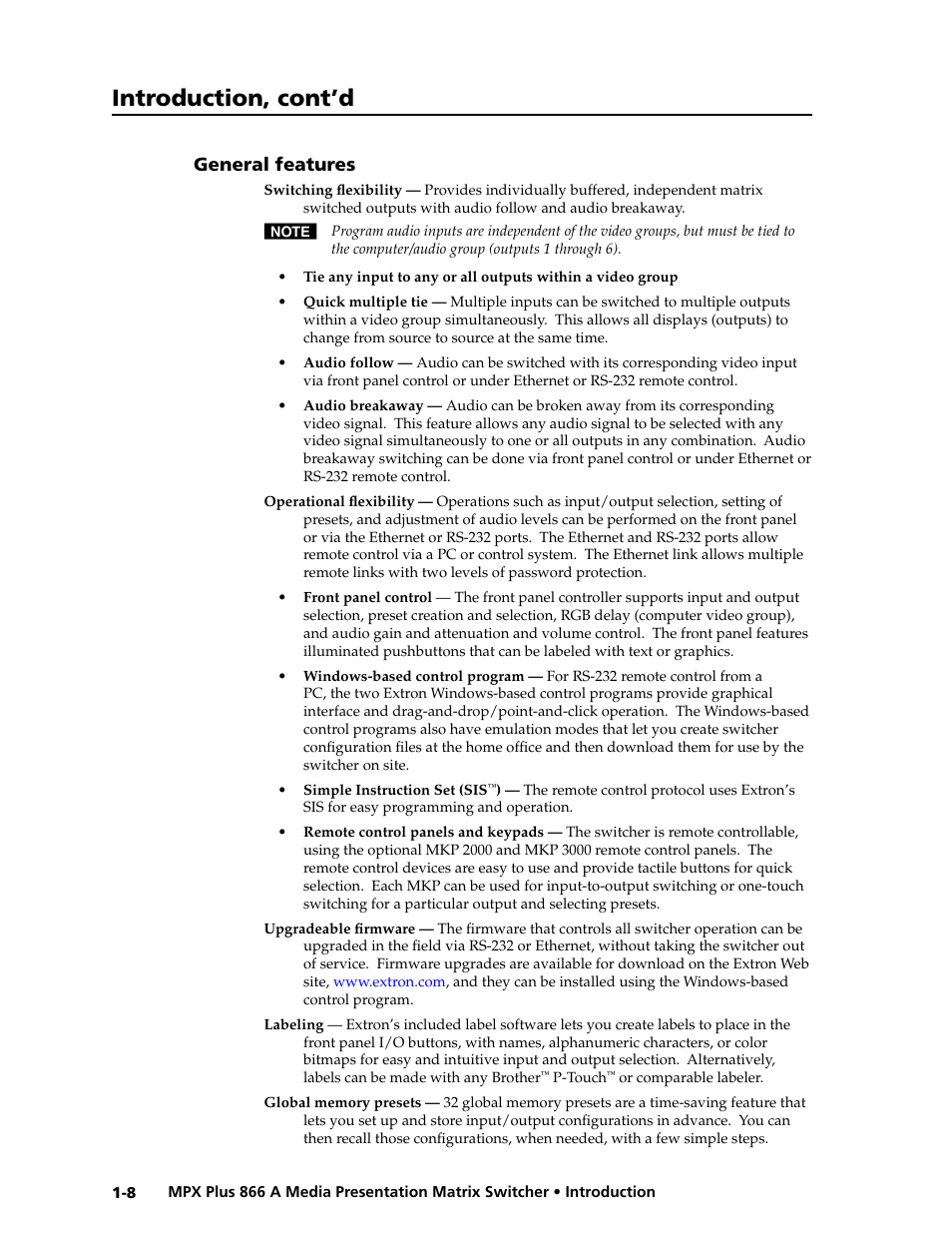 General features, General features -8, Preliminar y | Introduction, cont’d | Extron Electronics MPX Plus 866 A Rev. B User Manual | Page 18 / 222