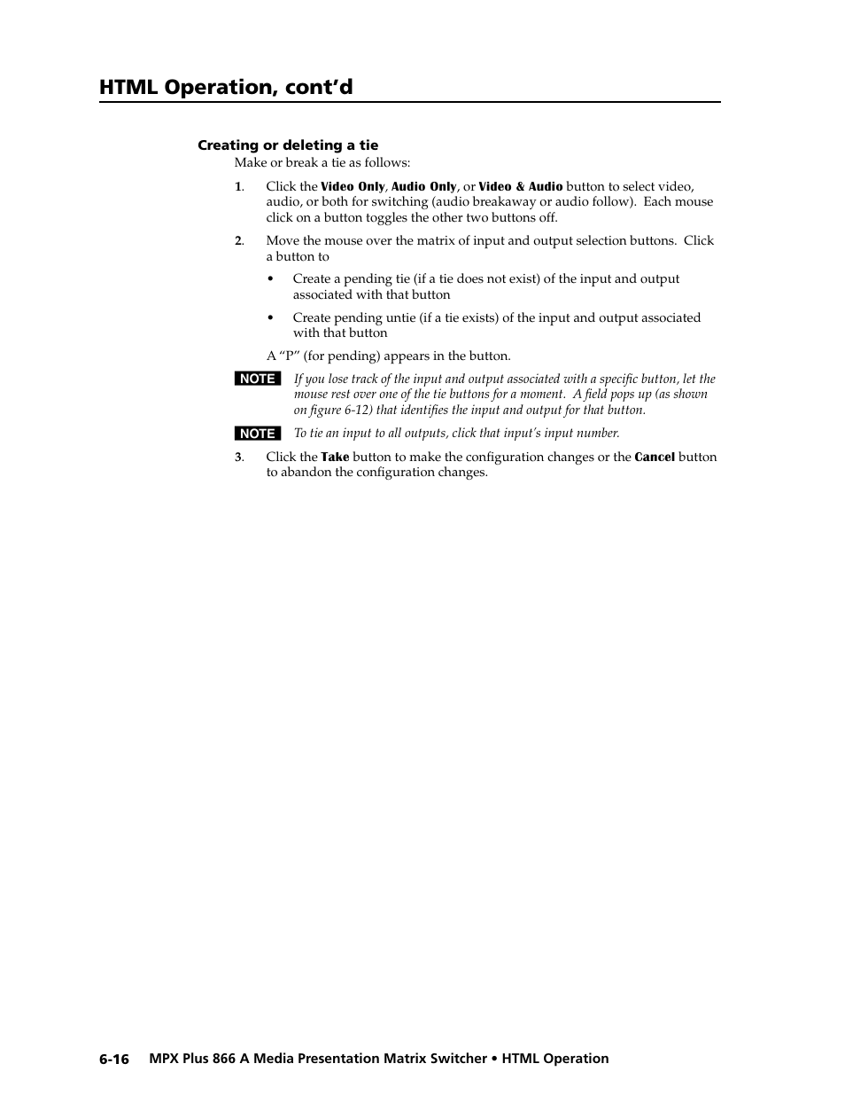 Creating or deleting a tie, Creating or deleting a tie -16, Preliminar y | Html operation, cont’d | Extron Electronics MPX Plus 866 A Rev. B User Manual | Page 180 / 222