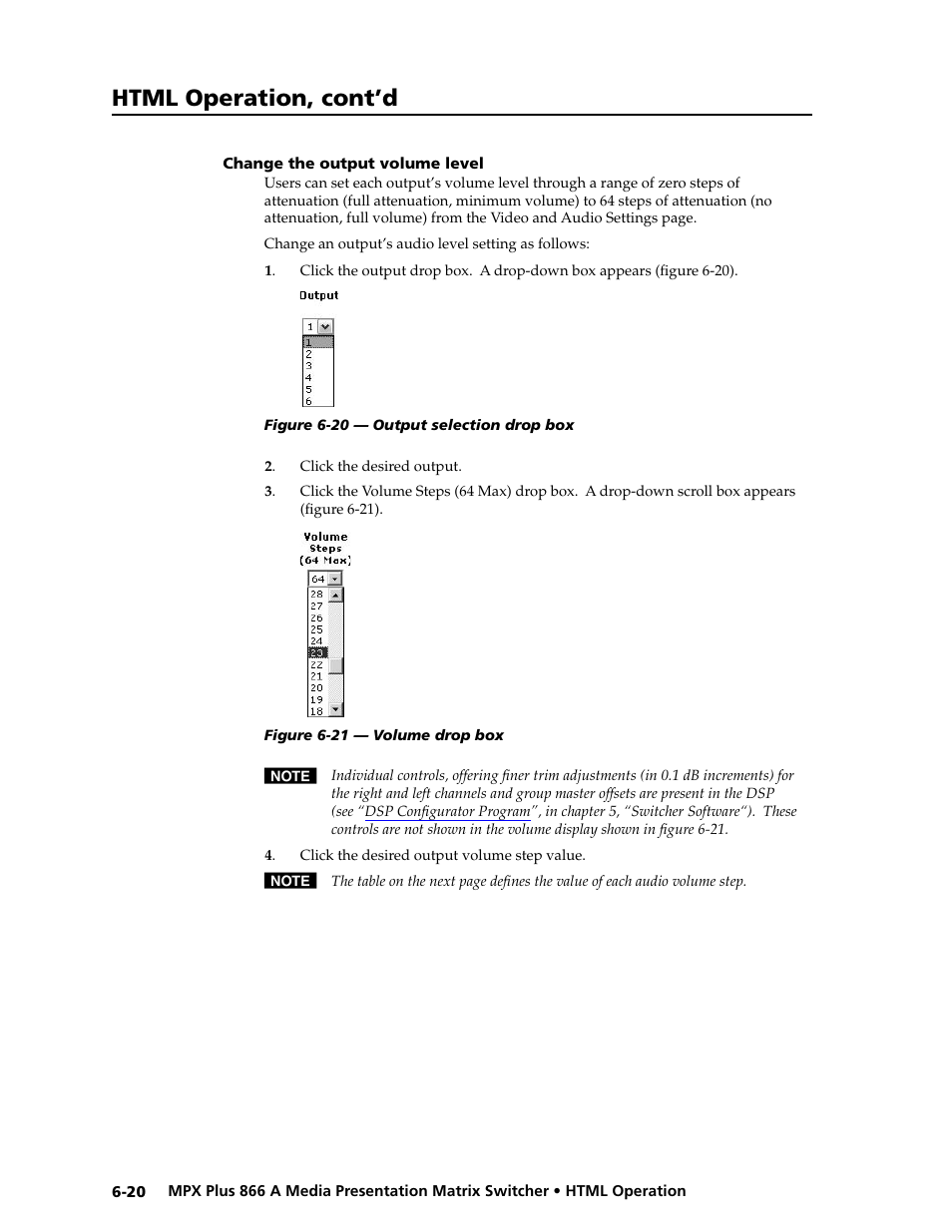 Change the output volume level, Change the output volume level -20, Preliminar y | Html operation, cont’d | Extron Electronics MPX Plus 866 A Rev. B User Manual | Page 184 / 222