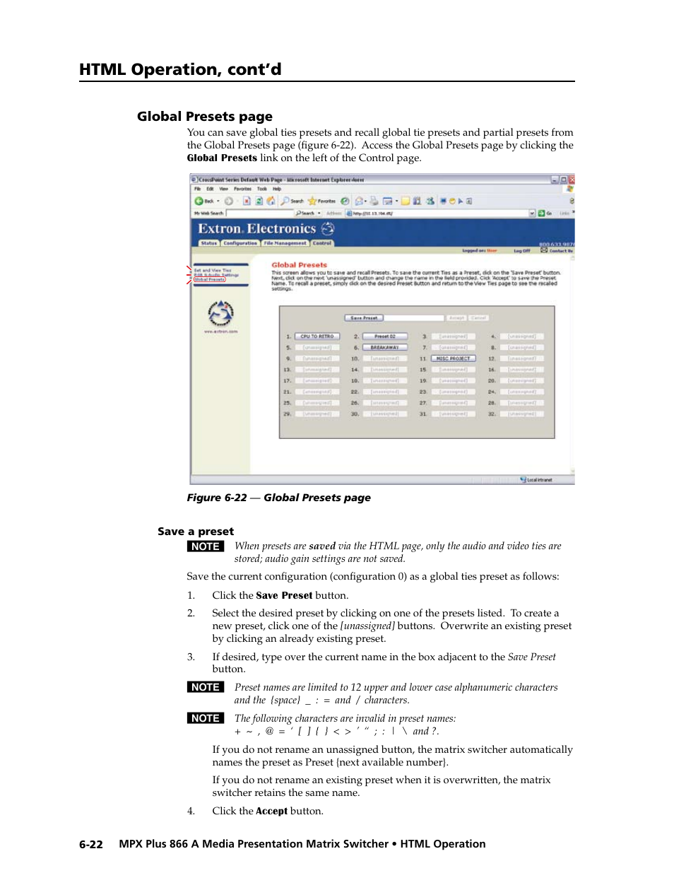 Save a preset, Save a preset -22, Preliminar y | Html operation, cont’d | Extron Electronics MPX Plus 866 A Rev. B User Manual | Page 186 / 222