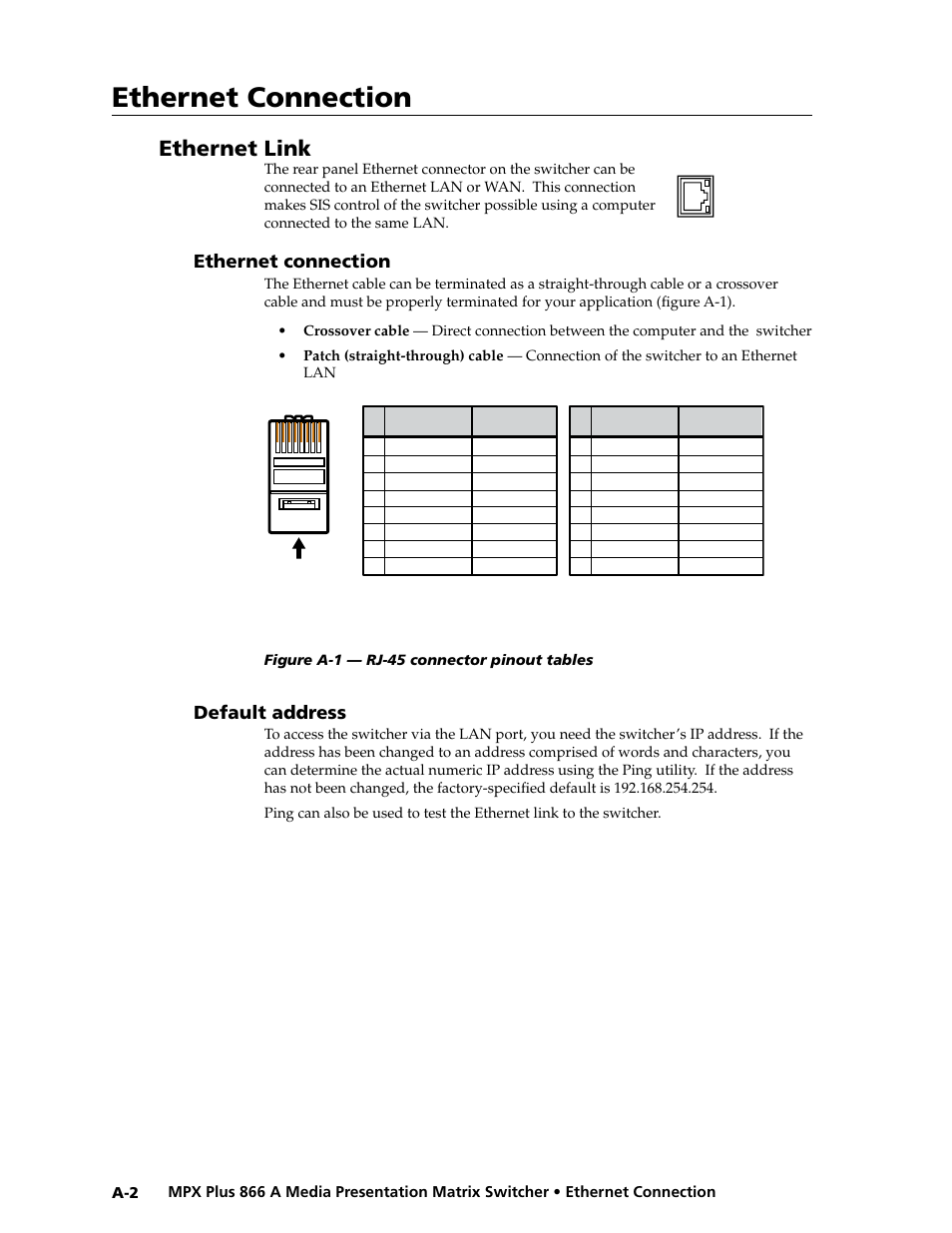 Ethernet link, Ethernet connection, Default address | Preliminar y | Extron Electronics MPX Plus 866 A Rev. B User Manual | Page 190 / 222