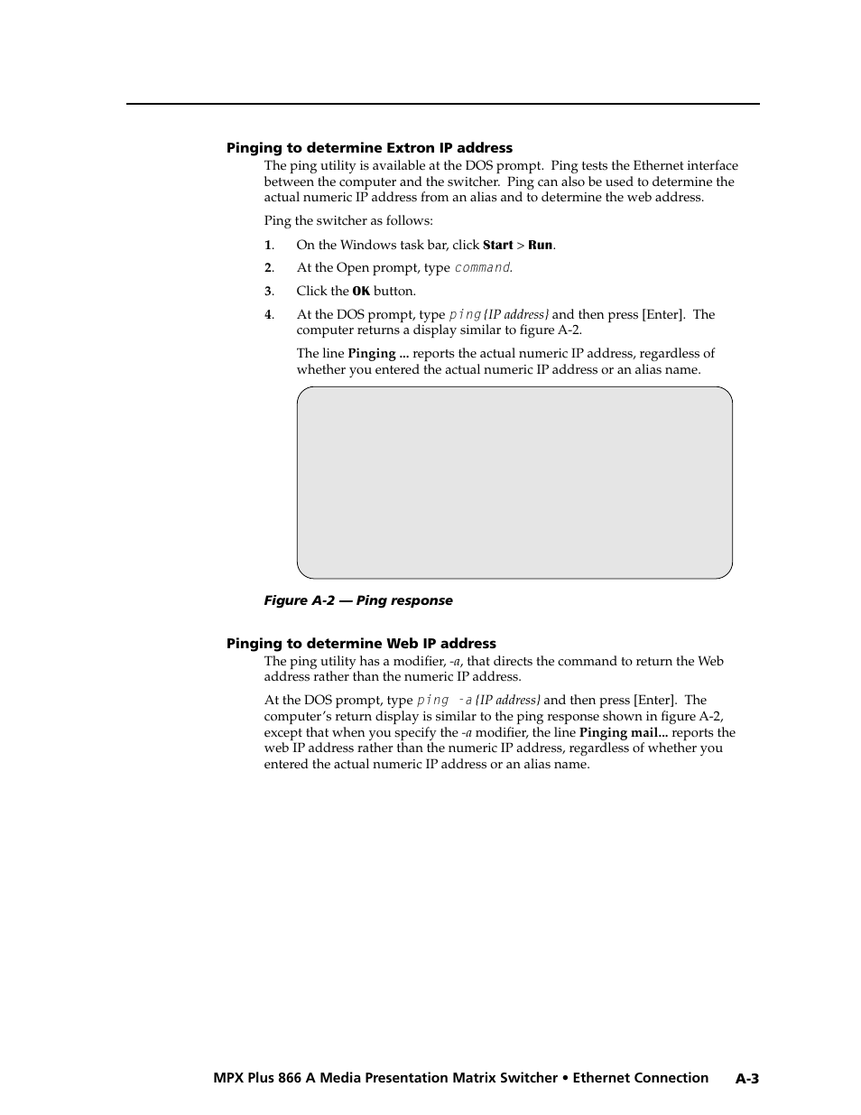 Pinging to determine extron ip address, Pinging to determine web ip address, Preliminar y | Extron Electronics MPX Plus 866 A Rev. B User Manual | Page 191 / 222